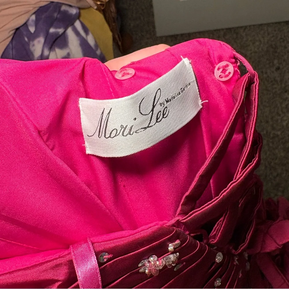 Mori Lee Hot Pink Halter Cocktail Dress with Embellished Bodice - Picture 4 of 6